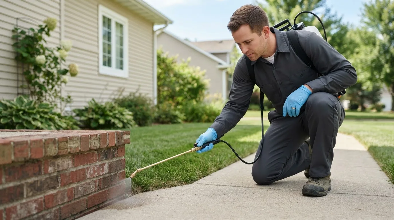 Pest control technician treating a home near Woolwine, VA