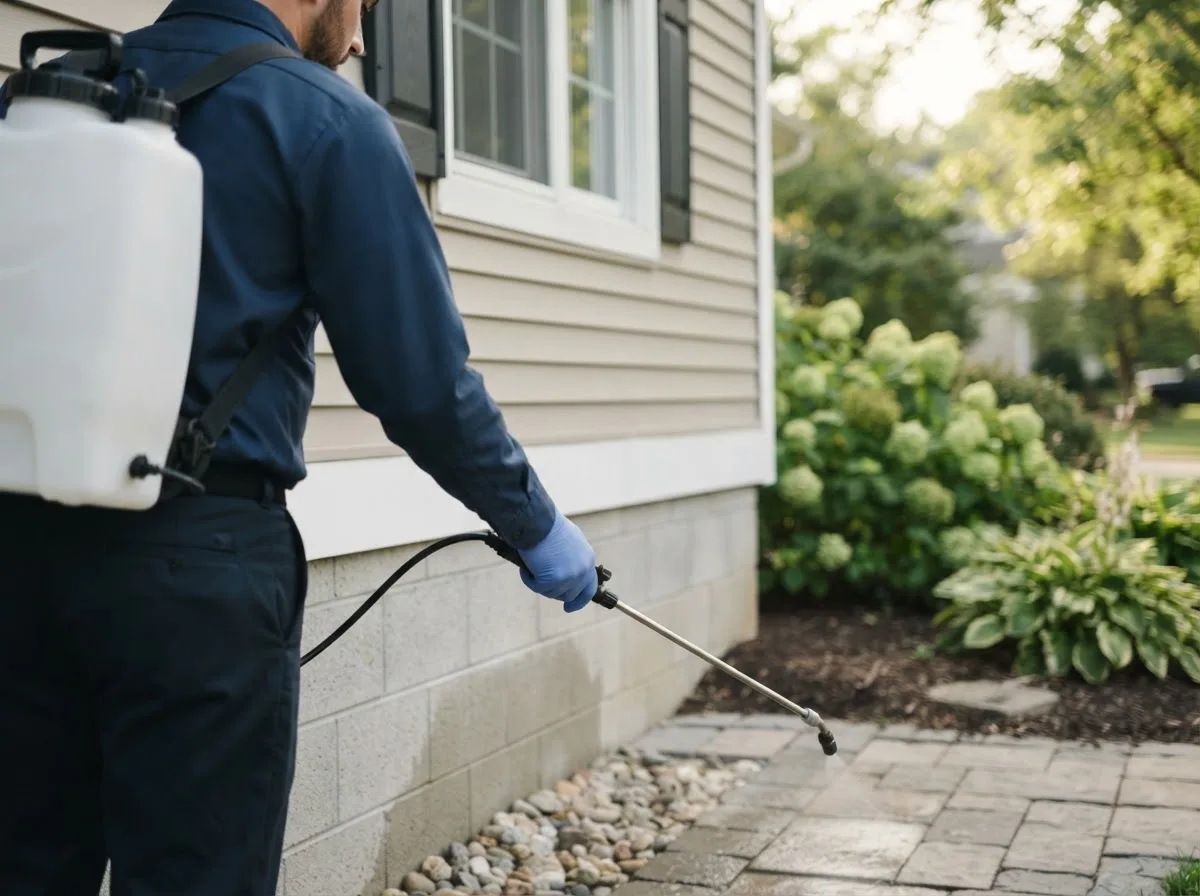 Pest control technician inspecting a home in Woolwine, VA
